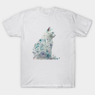 Watercolor Cat in Nature, Floral Design T-Shirt